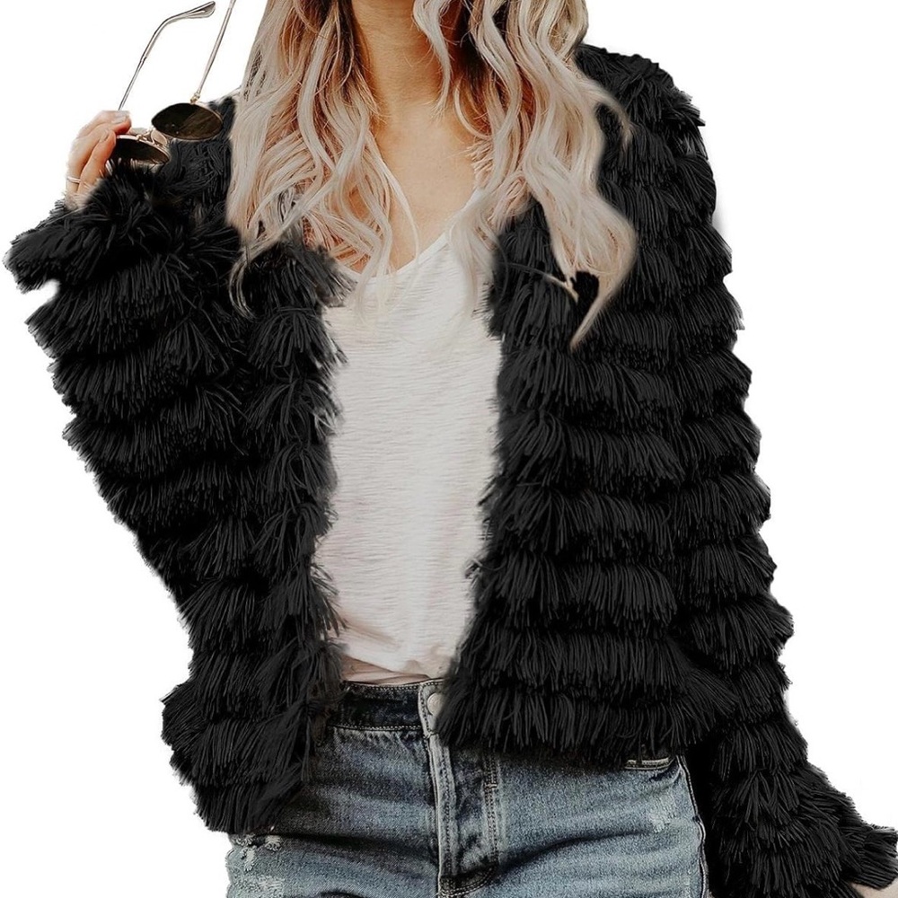 Black Chic Black Fringe Teddy Jacket